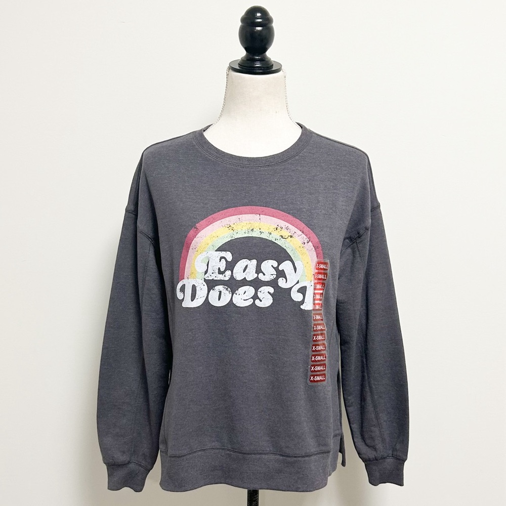 Wildfox Heather Grey Easy Does It Rainbow Distressed Print Sweatshirt XS NWT
